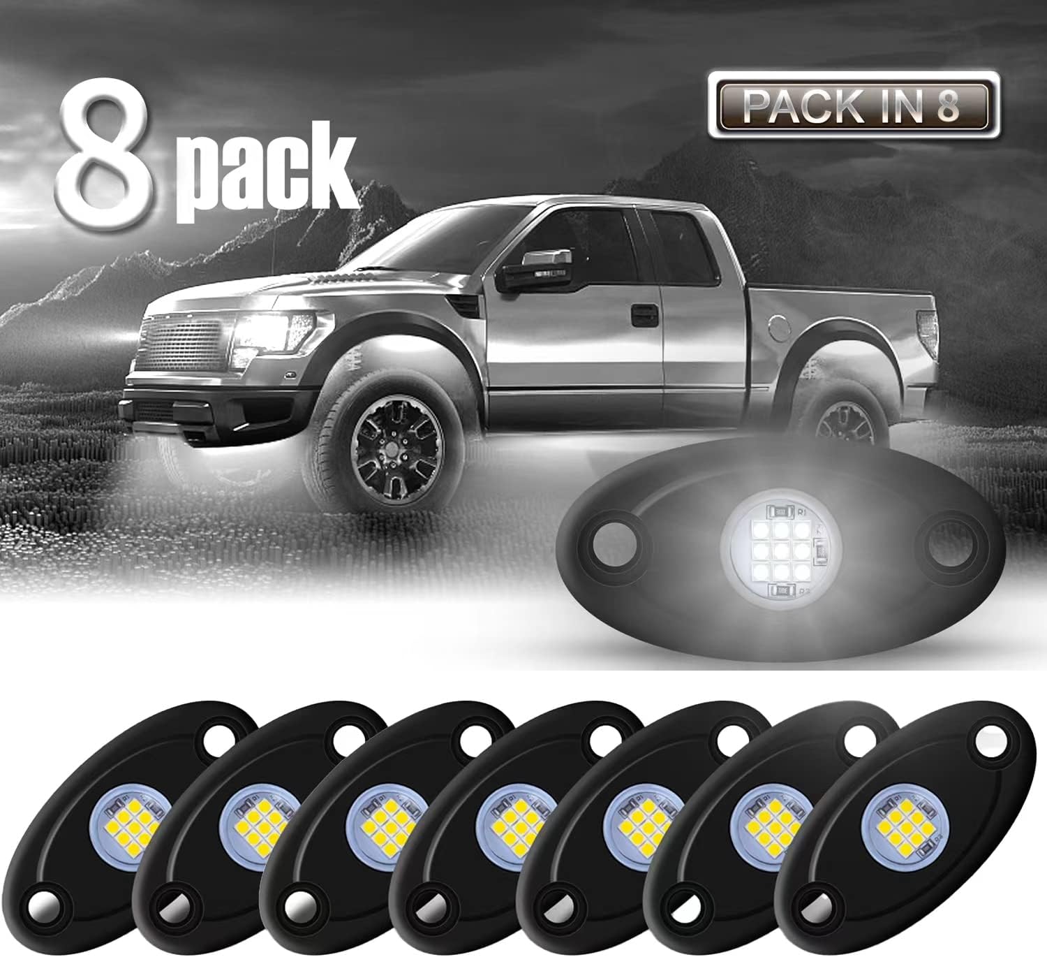 LED Rock Lights 8 Pods White for Truck Motorcycle Car Shockproof Waterproof Underbody Glow Neon Trail Rig Fender Lighting