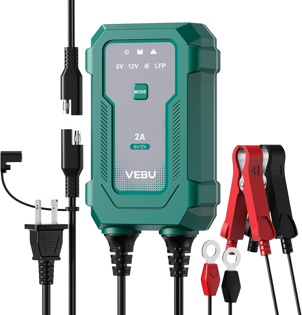 Smart 2A 6V/12V Battery Charger Maintainer - Auto Desulfator & Winter Mode for Deeply Discharged Lead-Acid & LiFePO4 Batteries - Perfect for Motorcycle, Car, Boat, RV, ATV