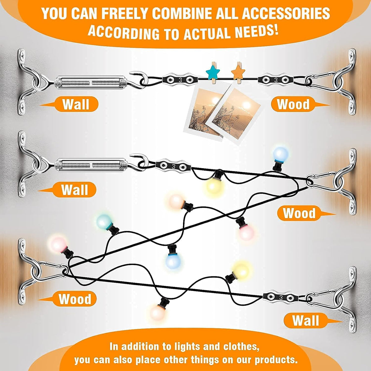 string light hanging kit,164 ft nylon coated stainless, front angle view