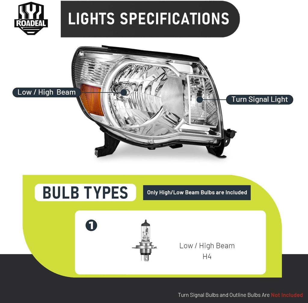 Headlights W/Bulbs for 2005 2006 2007 2008 2009 2010 2011 Toyota Tacoma Halogen Headlamp Replacement Driver & Passenger Side