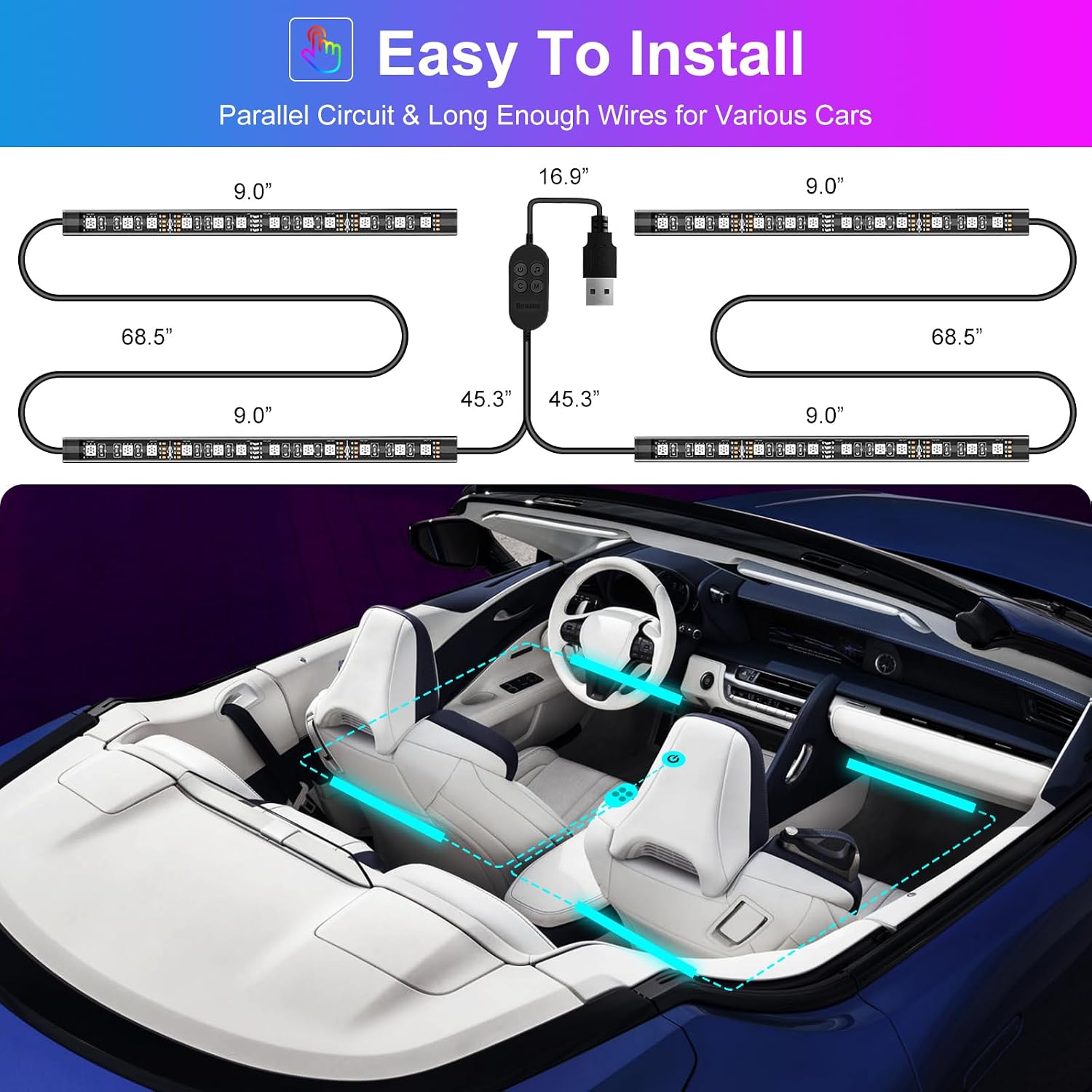 Hovano Car Interior LED Lights, APP Control with USB Port, RGB Color Change with Music Sync & DIY Mode, 48 LEDs Lights for Under Dash Running Board Truck