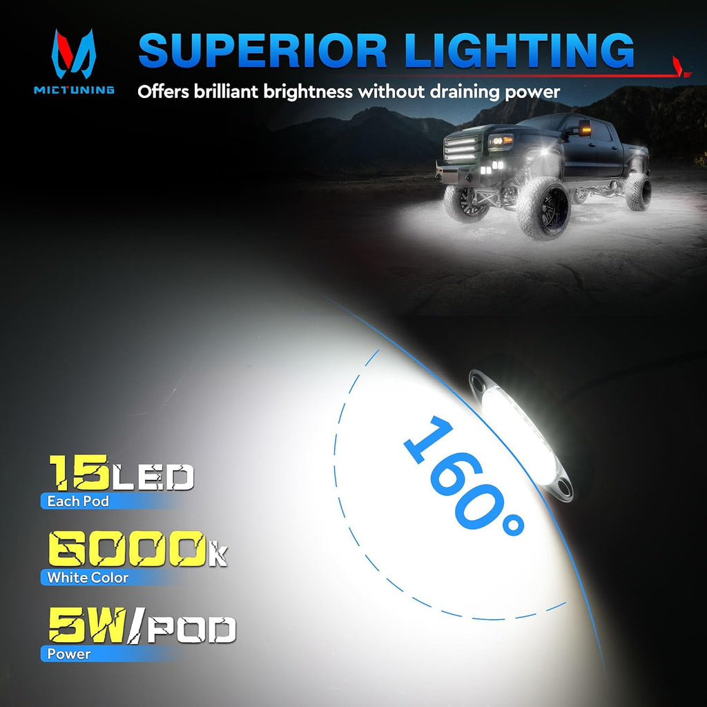MICTUNING Upgraded 240 LEDs 16 Pods Pure White Ultra Bright Rock Lights Kit | 6000K Pure White, 160° Wide-Angle Illumination, Wide Applications, for UTVs, RVs and Motorcycles