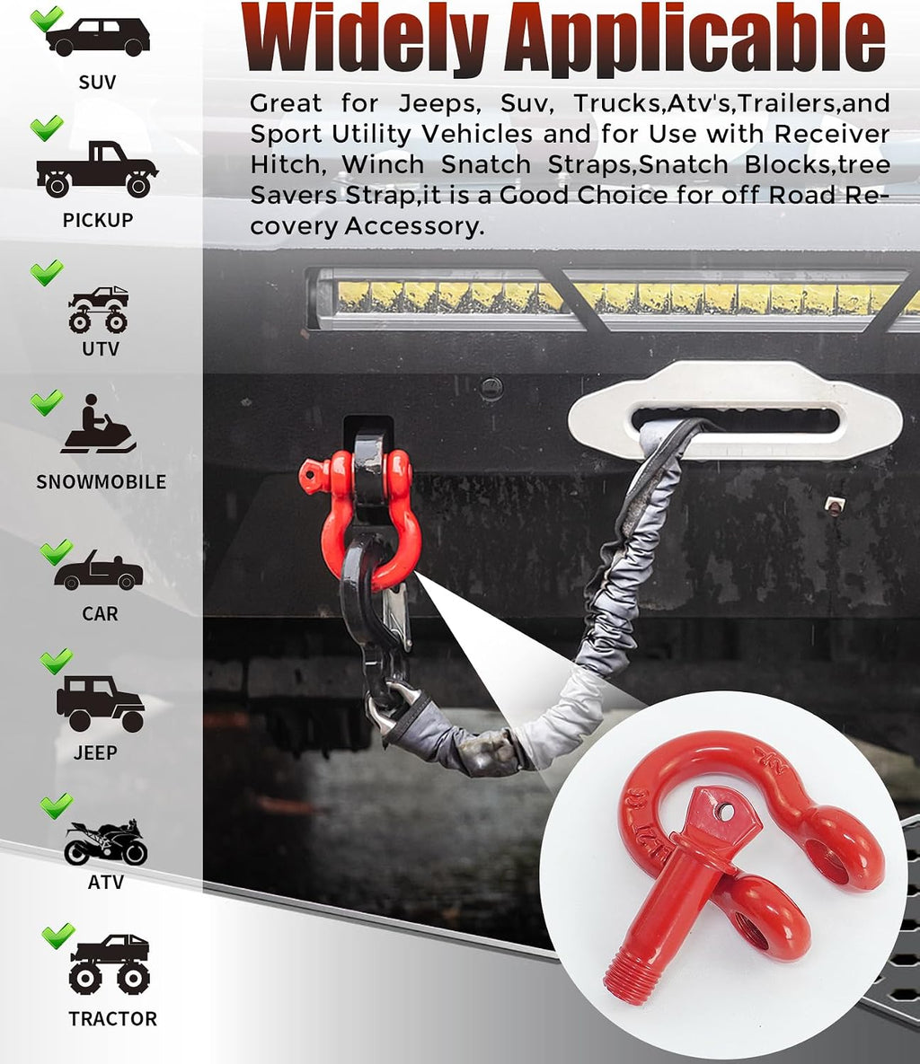 2 Pack Red D Ring Recovery Shackles 1/2" with 9/16" Screw Pin, 26,400 lbs Break Strength Heavy Duty Tow Shackles for Winch, Off Road Jeep, Truck, SUV, ATV, UTV