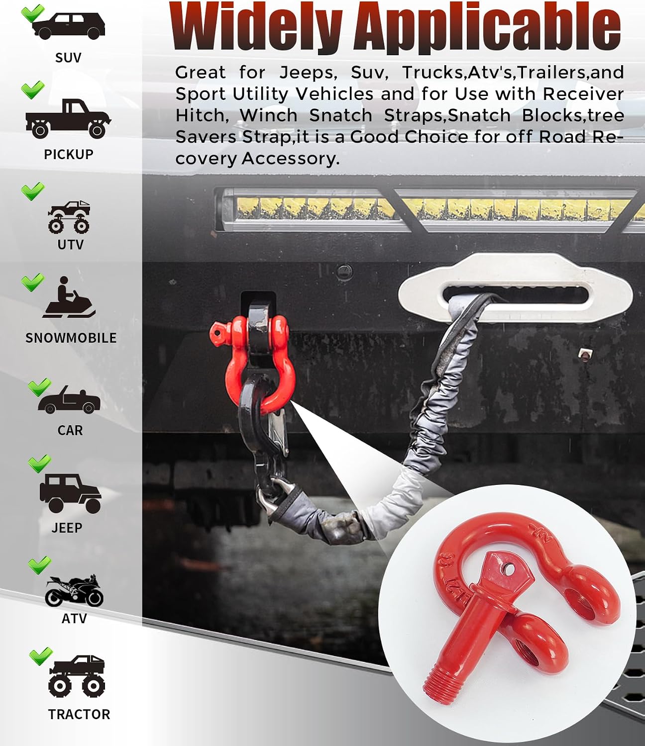 2 Pack Red D Ring Recovery Shackles 1/2" with 9/16" Screw Pin, 26,400 lbs Break Strength Heavy Duty Tow Shackles for Winch, Off Road Jeep, Truck, SUV, ATV, UTV