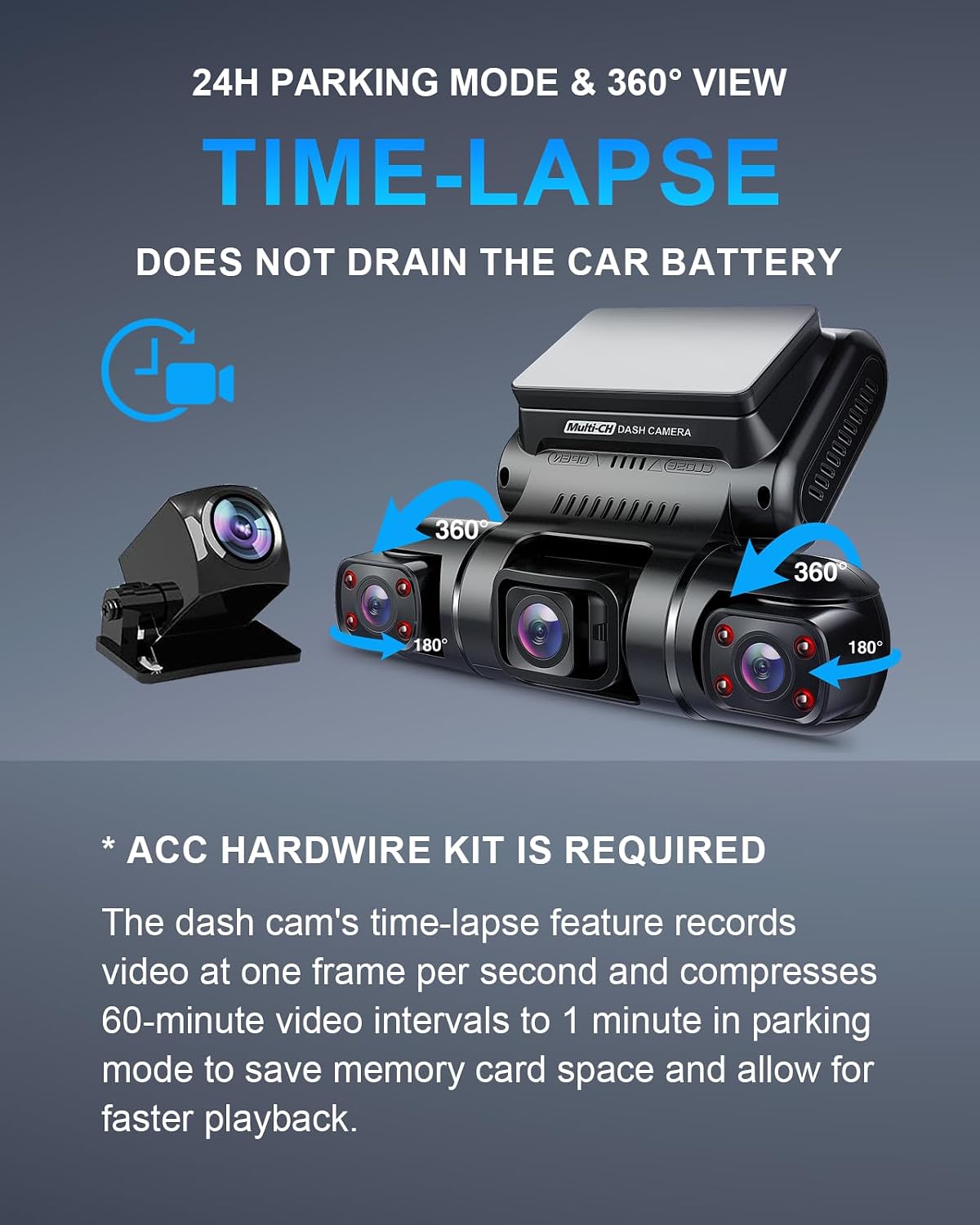 pruveeo 360° 4 channel dash cam front and showing dimensions