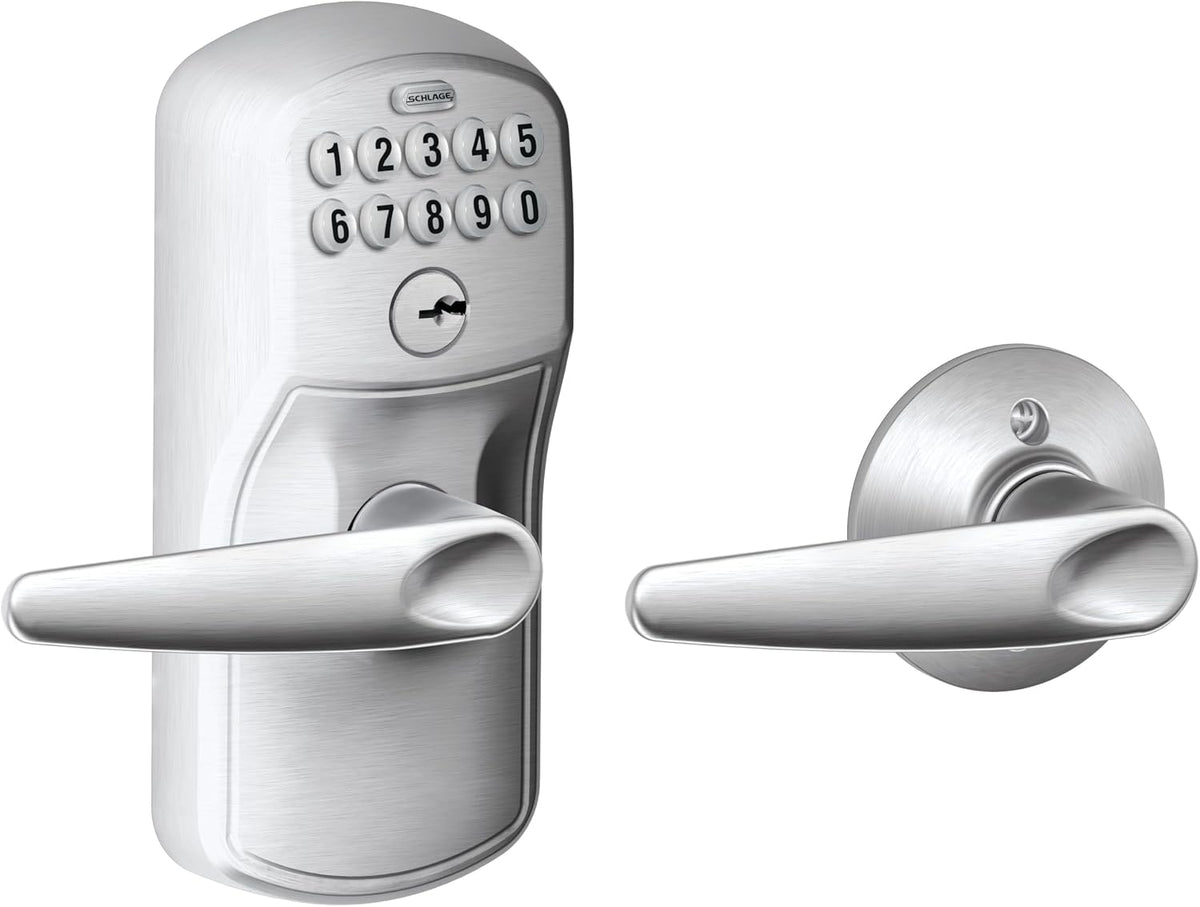 schlage electronic keypad lock, lever handle, plymouth trim, main product view