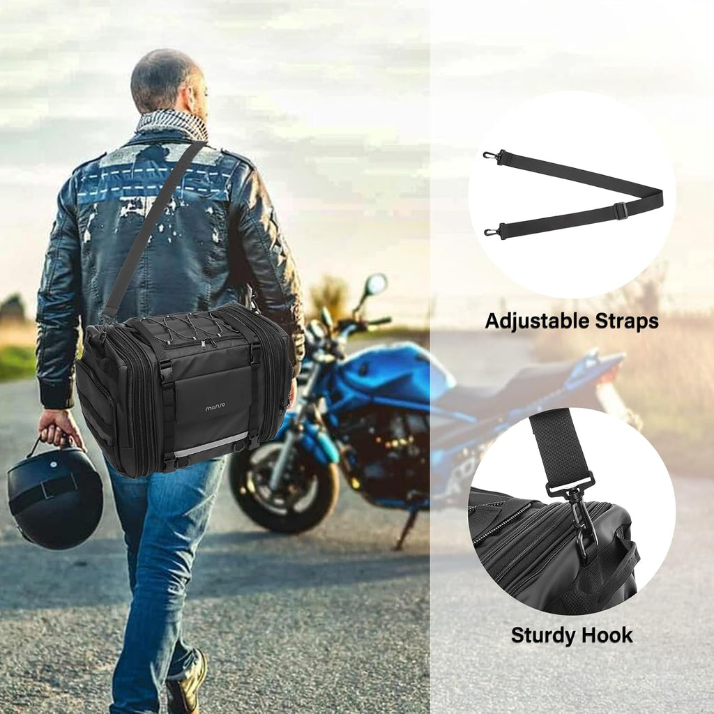 MOSISO Motorcycle Tail Bag with Expandable Capacity 32L-48L, Motorcycle Rear Seat Trunk Gear Bag with Rain Cover&Shoulder Strap, Motorbike Storage Duffle Carry Travel Luggag, Black