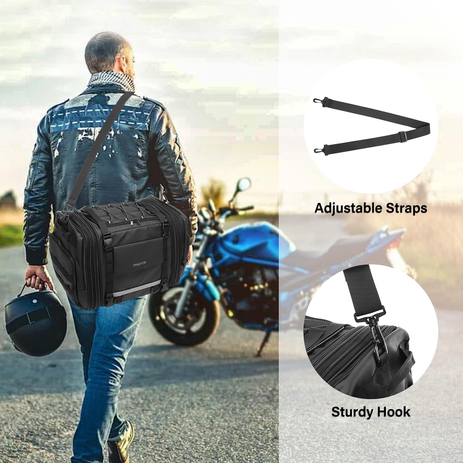 MOSISO Motorcycle Tail Bag with Expandable Capacity 32L-48L, Motorcycle Rear Seat Trunk Gear Bag with Rain Cover&Shoulder Strap, Motorbike Storage Duffle Carry Travel Luggag, Black