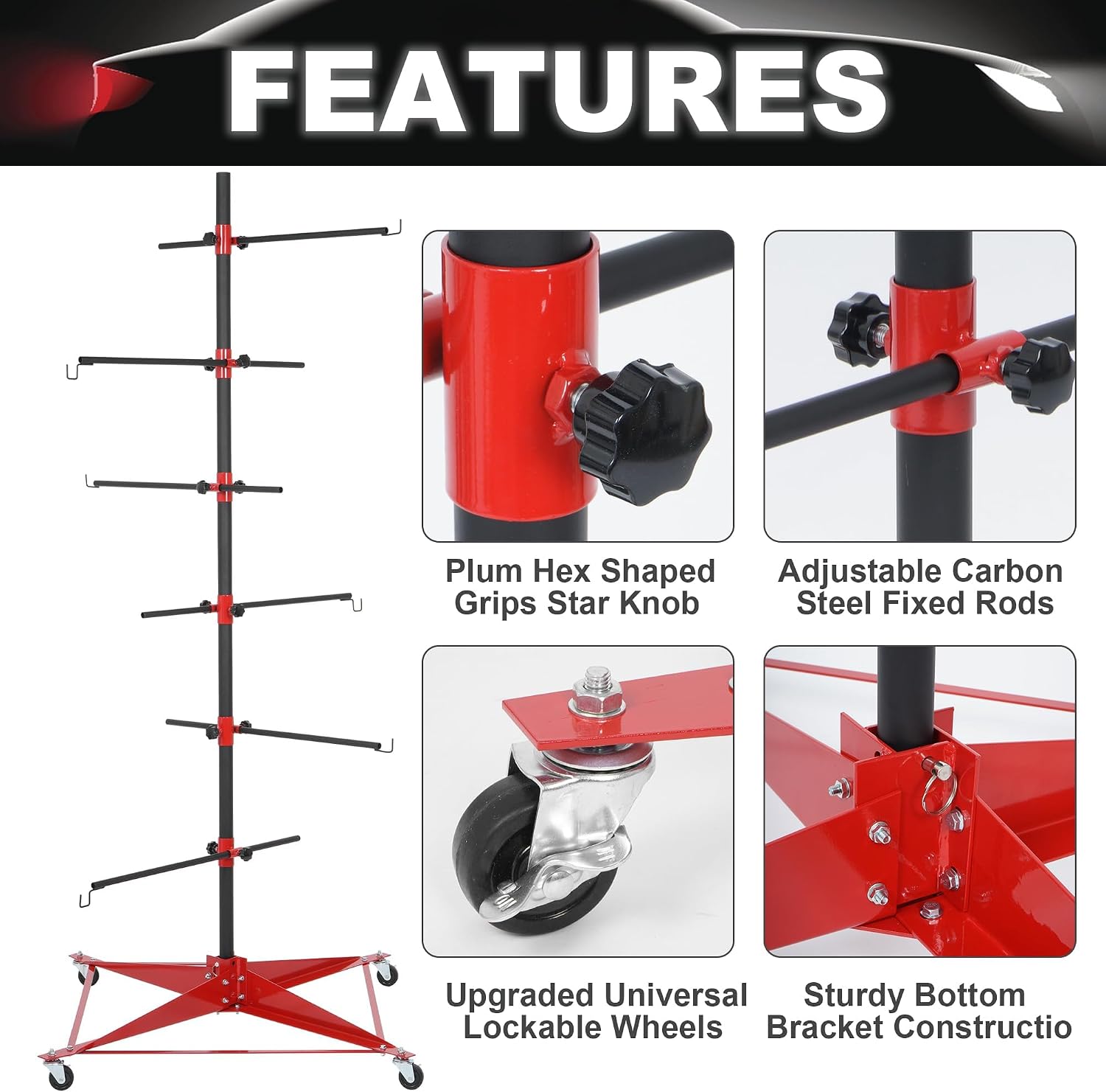 71 Inch Panel Tree Paint Stand with 6 Hook Levers, Automotive Paint Stand with Adjustable Center Post and 4 Casters, Hang Automotive Panels, Doors, Fenders, Bumpers, Car Parts, Auto Body Paint Stand