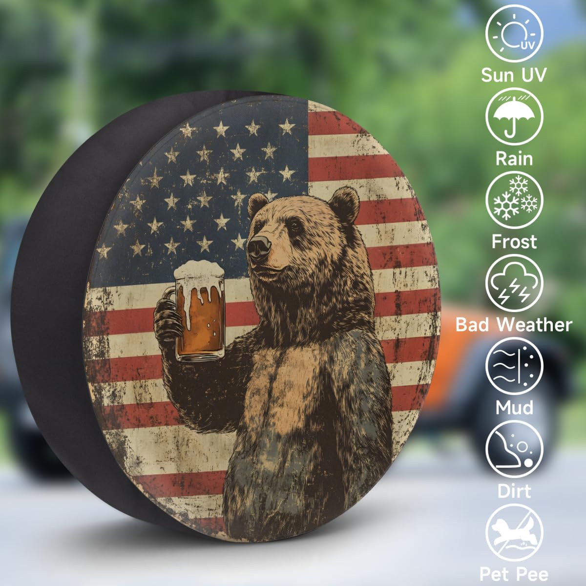 Spare Tire Cover Bear American Flag Wheel Covers Protectors Waterproof Dust-Proof Universal Fit Trailer, RV, SUV and Many Vehicle (15" for tire Diameter 27.55"-29.13")