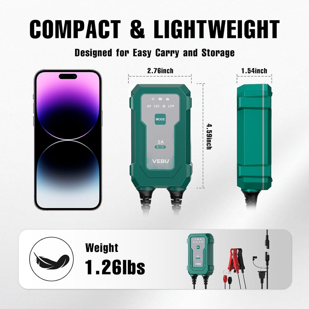 Smart 2A 6V/12V Battery Charger Maintainer - Auto Desulfator & Winter Mode for Deeply Discharged Lead-Acid & LiFePO4 Batteries - Perfect for Motorcycle, Car, Boat, RV, ATV