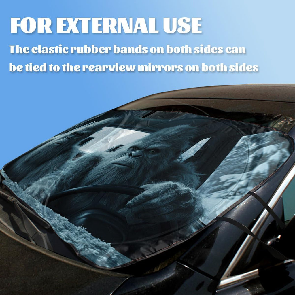 Funny Bigfoot Car Windshield Sunshades - Sasquatch Snow Monster Heatshield Front Window Sun Shade Blocks UV Rays - 59" L x 31.5" W