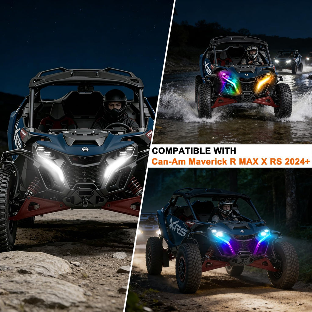 Tavaray RGBW LED Fang Lights for Can-Am Maverick R 2024-2026 MAX X RS, Pure White DRL & RGB Color Chasing Front Signature Lights, APP & Remote Control, Music Sync Turn Signal Kit