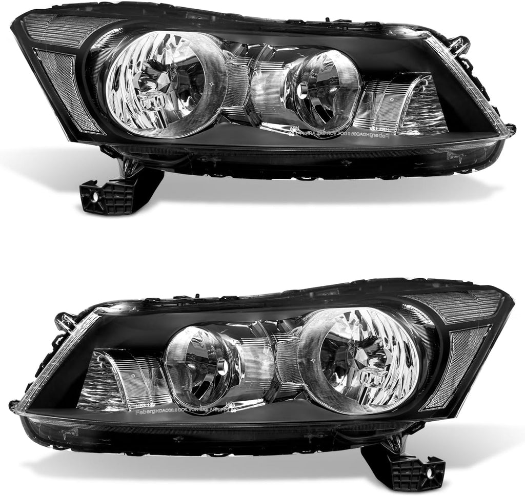 Headlights Assembly for 2008-2012 Honda Accord 4dr Black Housing Clear Reflector Clear Lens Headlamp Replacement Left and Right Pair NOT fit coupe models or Crosstour models(Bulbs not included