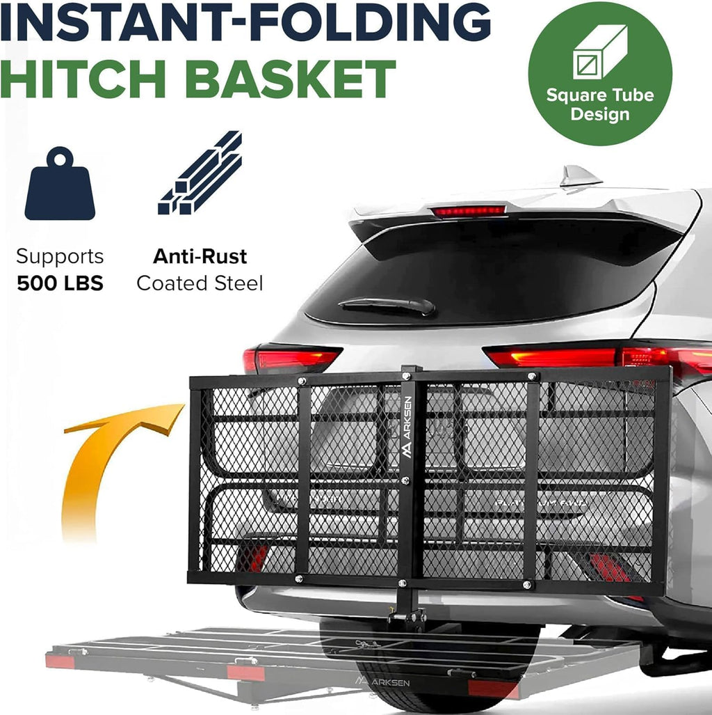 ARKSEN 60" x 25" x 14" Folding Cargo Basket, Cargo Rack Carrier 500 Lbs Heavy Duty Capacity 2 Inch Receiver Luggage Basket Hitch Fold Up for SUV Pickup Camping Traveling