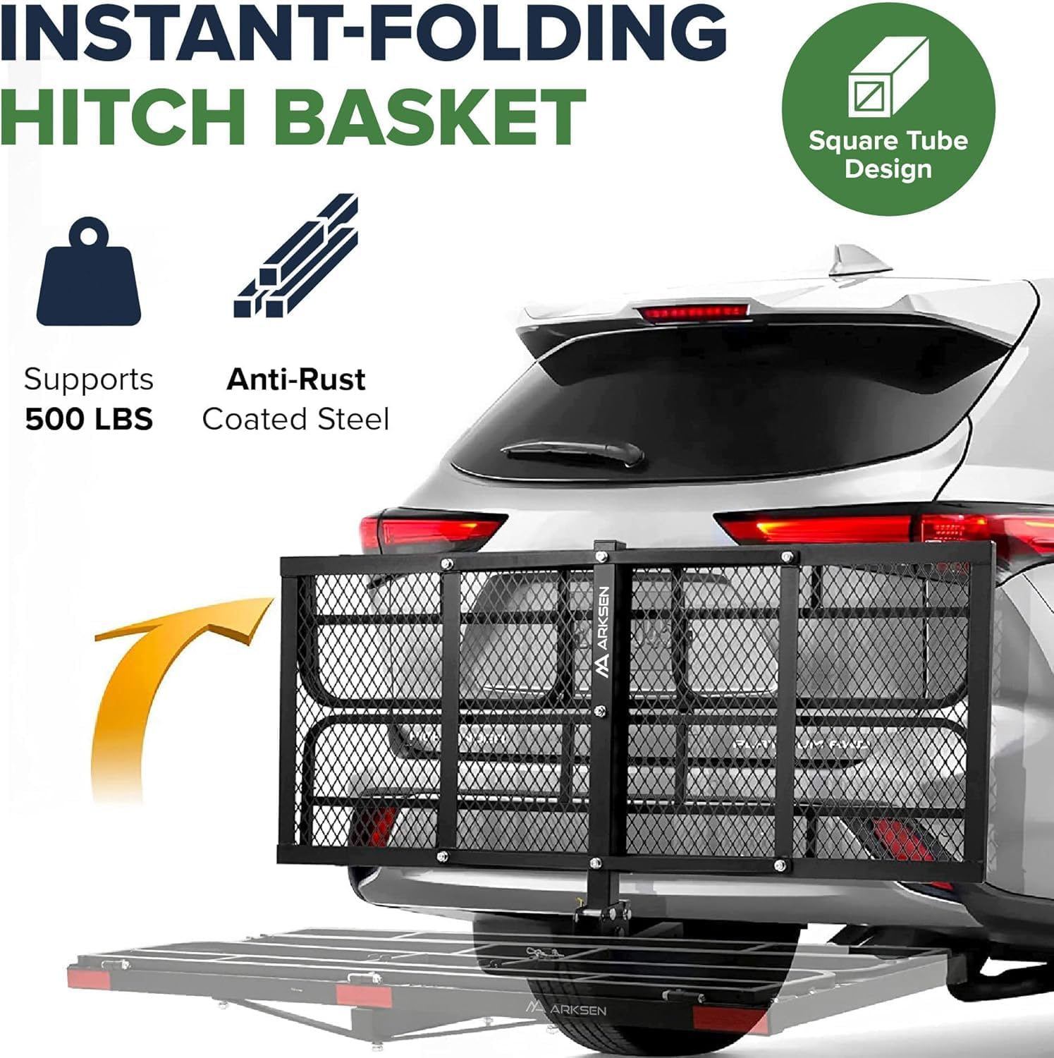 ARKSEN 60" x 25" x 14" Folding Cargo Basket, Cargo Rack Carrier 500 Lbs Heavy Duty Capacity 2 Inch Receiver Luggage Basket Hitch Fold Up for SUV Pickup Camping Traveling