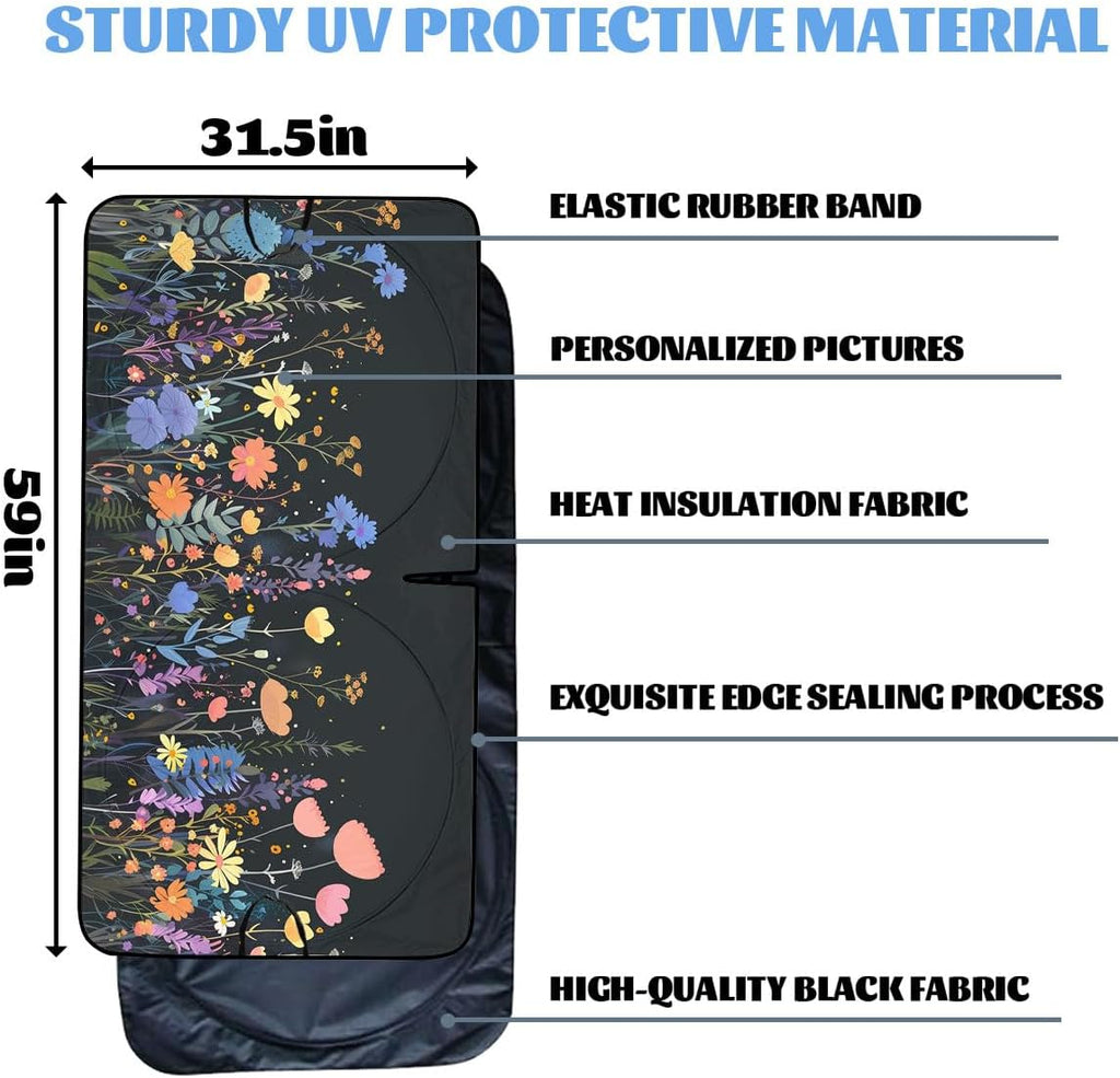 Wild Flower Car Windshield Sunshades Colorful Floral Boho Retro Heatshield Front Window Car Sun Shade Windshield Blocks UV Rays Sun Visor Protector for Car Sedan Truck SUV Accessories 59"L x 31.5"W