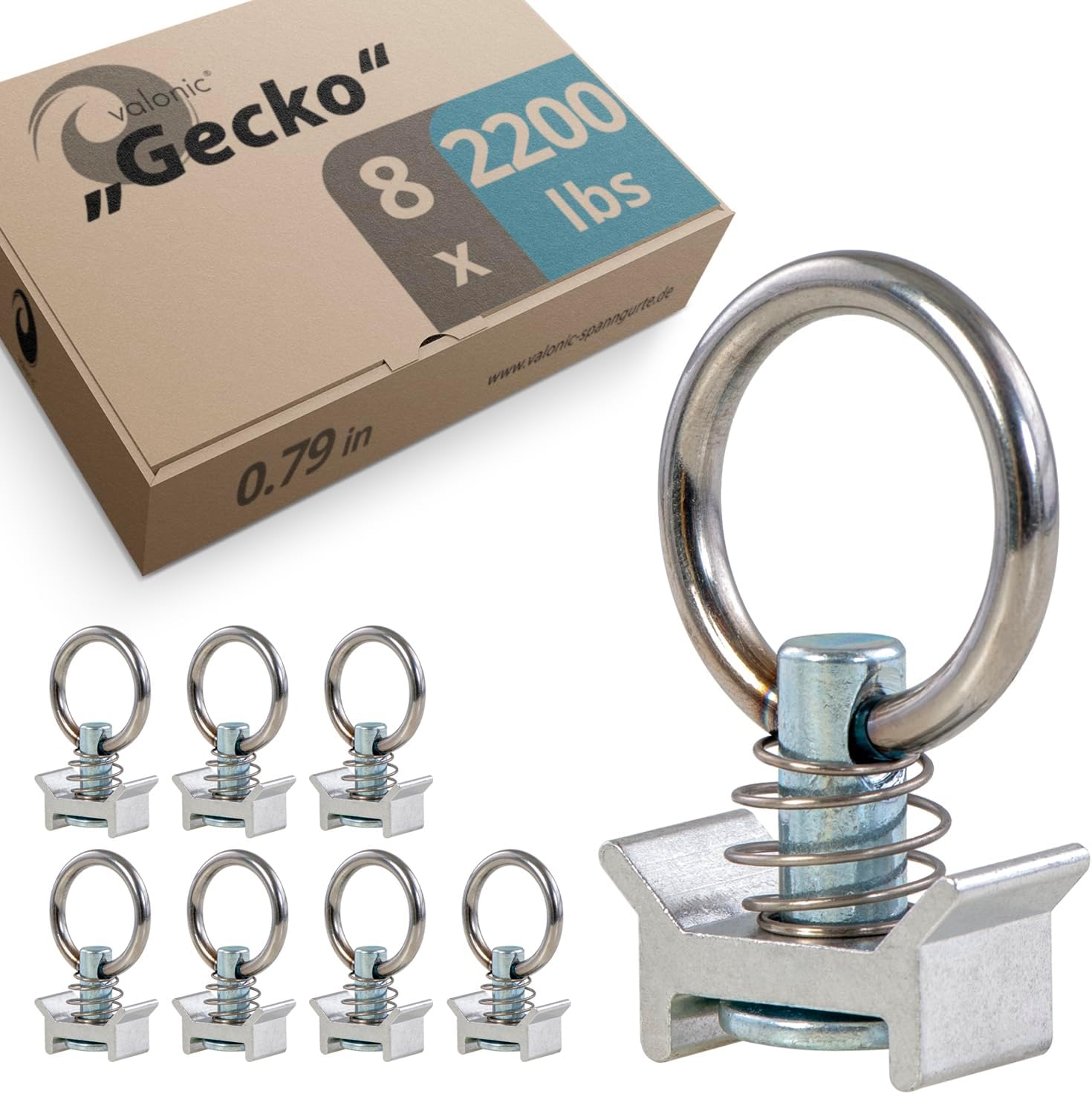 valonic Gecko - Single Stud Fitting for L Track, 8 Pieces, 1000 daN, Stainless Steel roundring, for Rail System, Lashing Accessories for tie tie Downs for Truck Bed