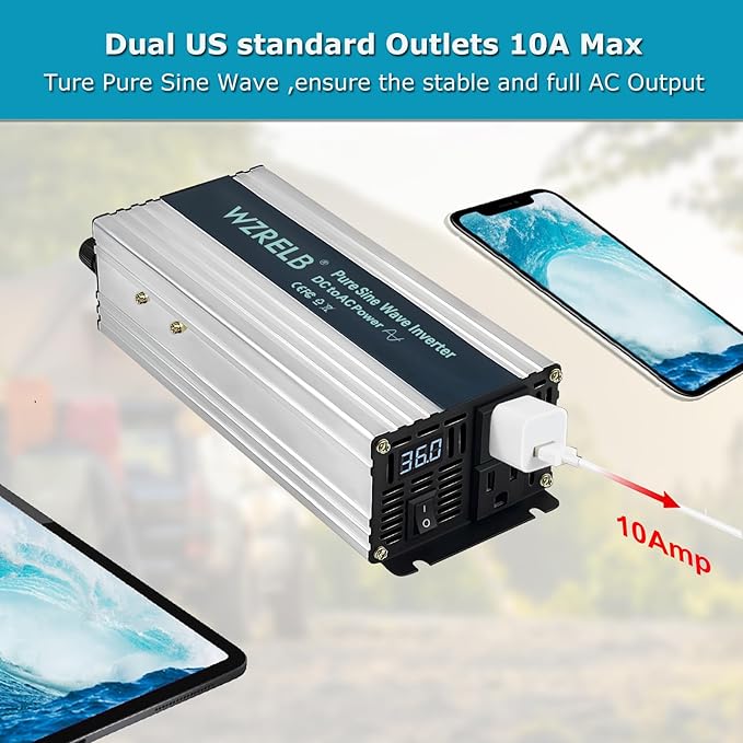 WZRELB 1200W Pure Sine Wave Inverter 36V DC to 110V 120V AC Power Converter - Image 4