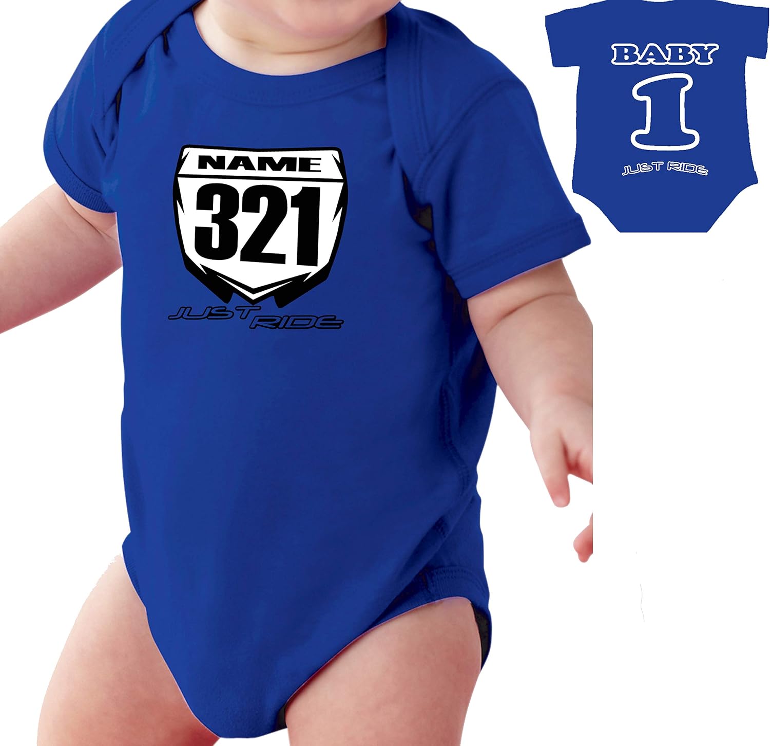 JUST RIDE Motocross Baby Number Plate One Piece Creeper Personalized YZ Blue