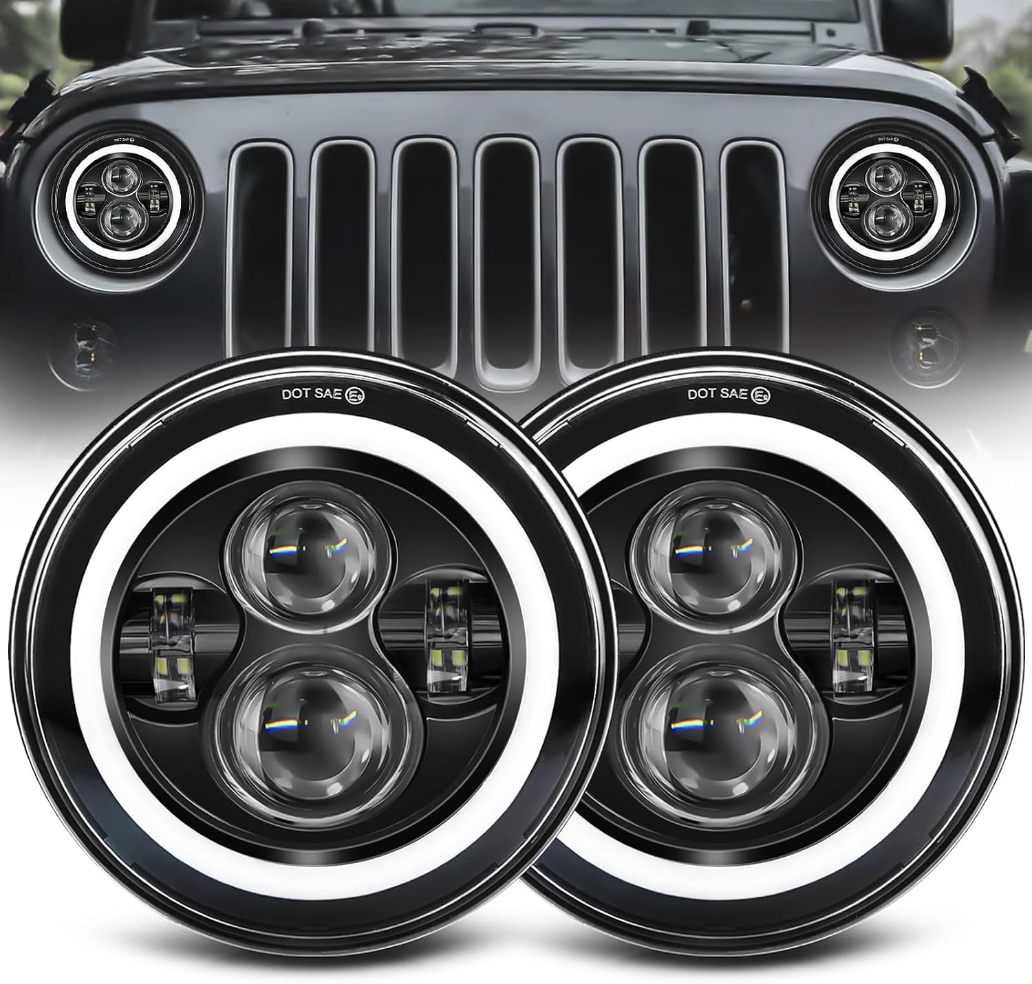 ZIMABLUE 7 inch led Headlight Round 2pc Projector 7 inch Halo led Headlight H6024 DOT Approved Hi/Lo Beam DRL Amber Turn Signal Compatible with Jeep Wrangler JK TJ CJ Compatible with Chevy and miata