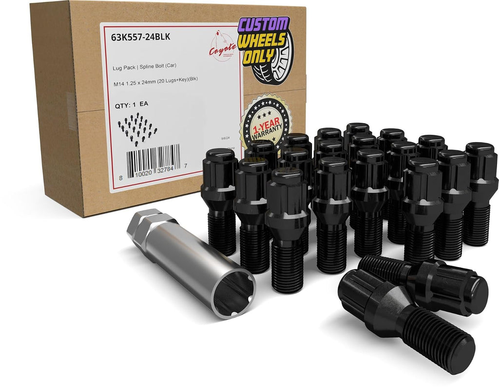 Wheel Accessories Parts 20 Pcs Lug Bolt Set M14 x 1.25 Thread Acorn Seat Lug Bolts Black Finish 24mm Shank Length 6 Spline Car fits Mini Cooper