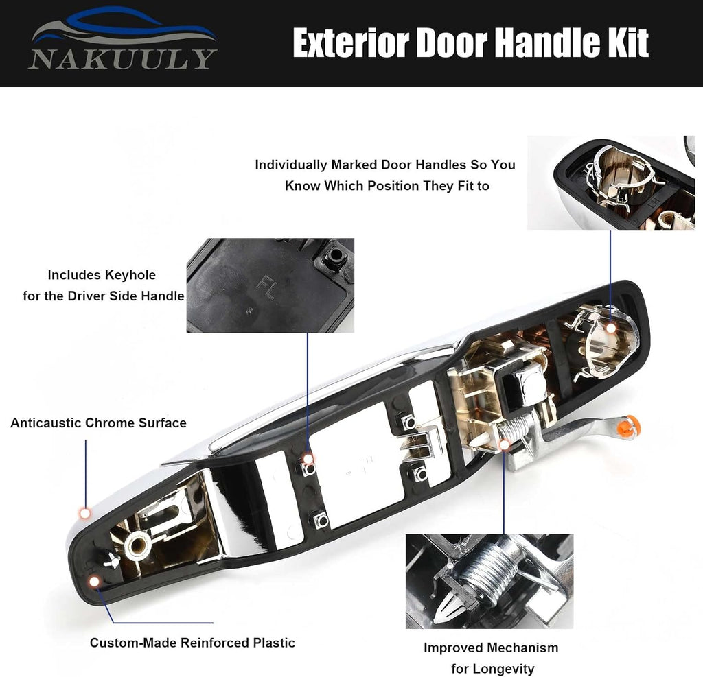Exterior Chrome Door Handle 4 PCS Front Rear Driver & Passenger Compatible with 2007-2014 Cadillac Escalade Chevy Avalanche Silverado Suburban GMC Sierra Yukon OE # 22738722 22738721 20828258