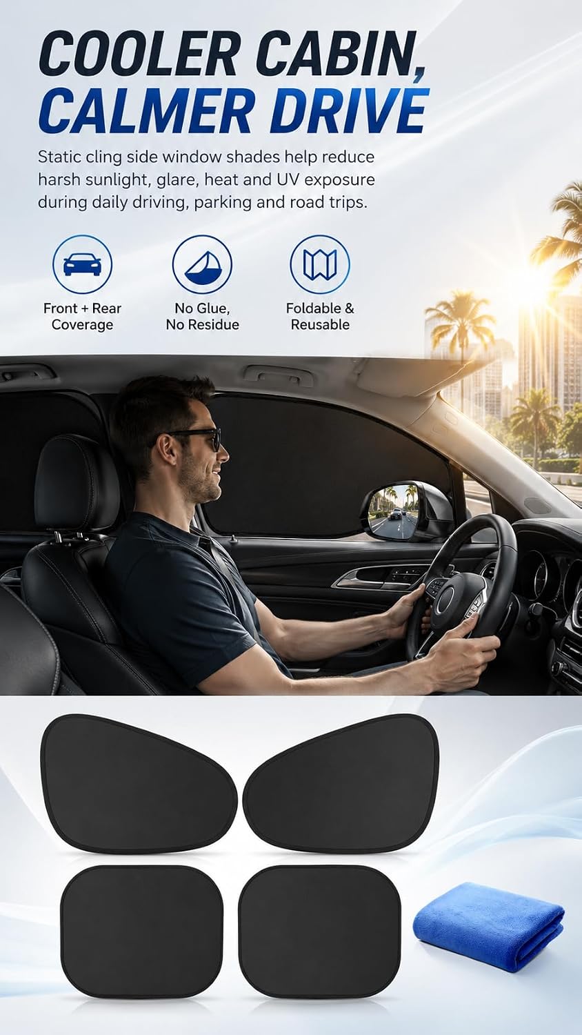 Static Cling Car Window Shades, Thermal Insulation Privacy Sun Shade, UV Heat Block Car Side Window Sun Blocker, Foldable Sunshade, Universal Fit SUV Sedan MPV, No Glue No Residue