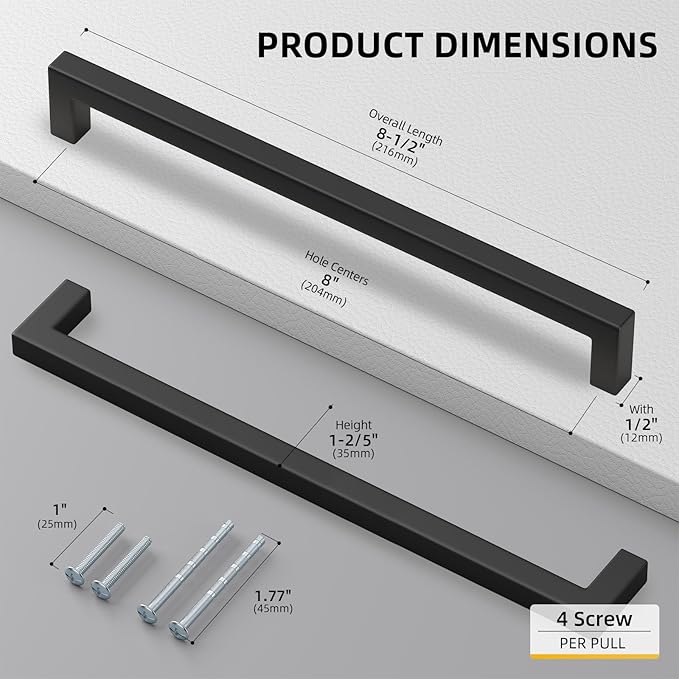 goldenwarm 2Pack 8INCH Matte Black Cabinet Pulls Kitchen Hardware, 204mm Square - Image 2