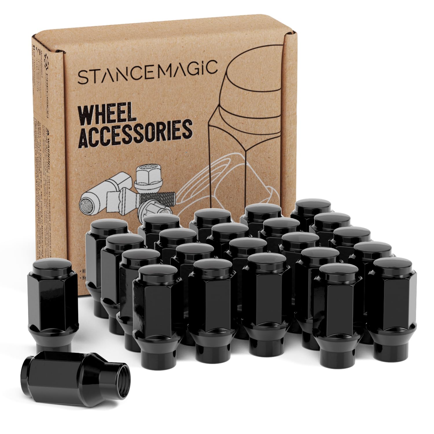 24pcs Black Bulge Lug Nuts - 1/2x20 Threads - 1.75 inch Length - ET Style - Cone Conical Taper Seat Shank - Closed End - Compatible with 6Lug Vehicles Wheels