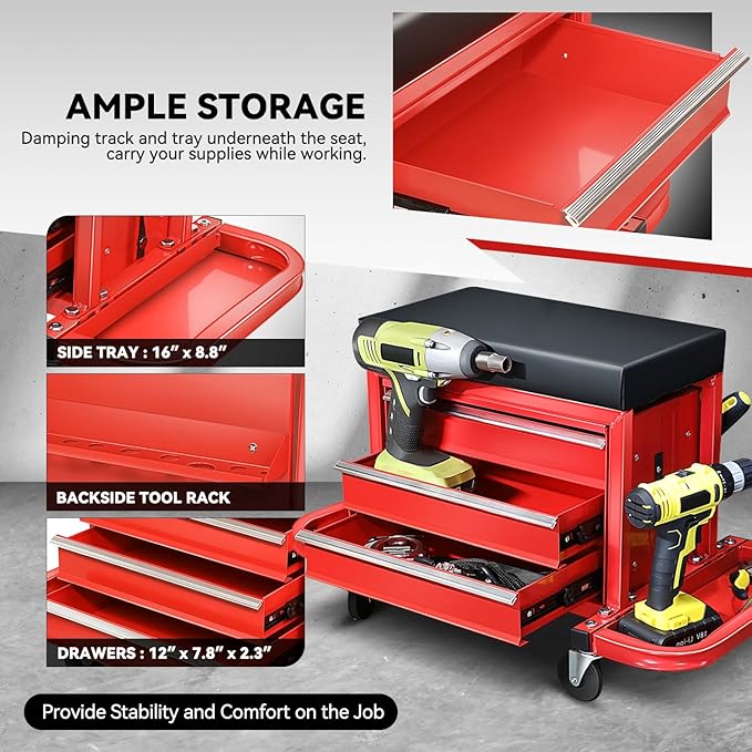 Auto Dynasty 3-Drawer Mechanic Rolling Seat, 350 LBS Capacity Roller Garage - Image 3