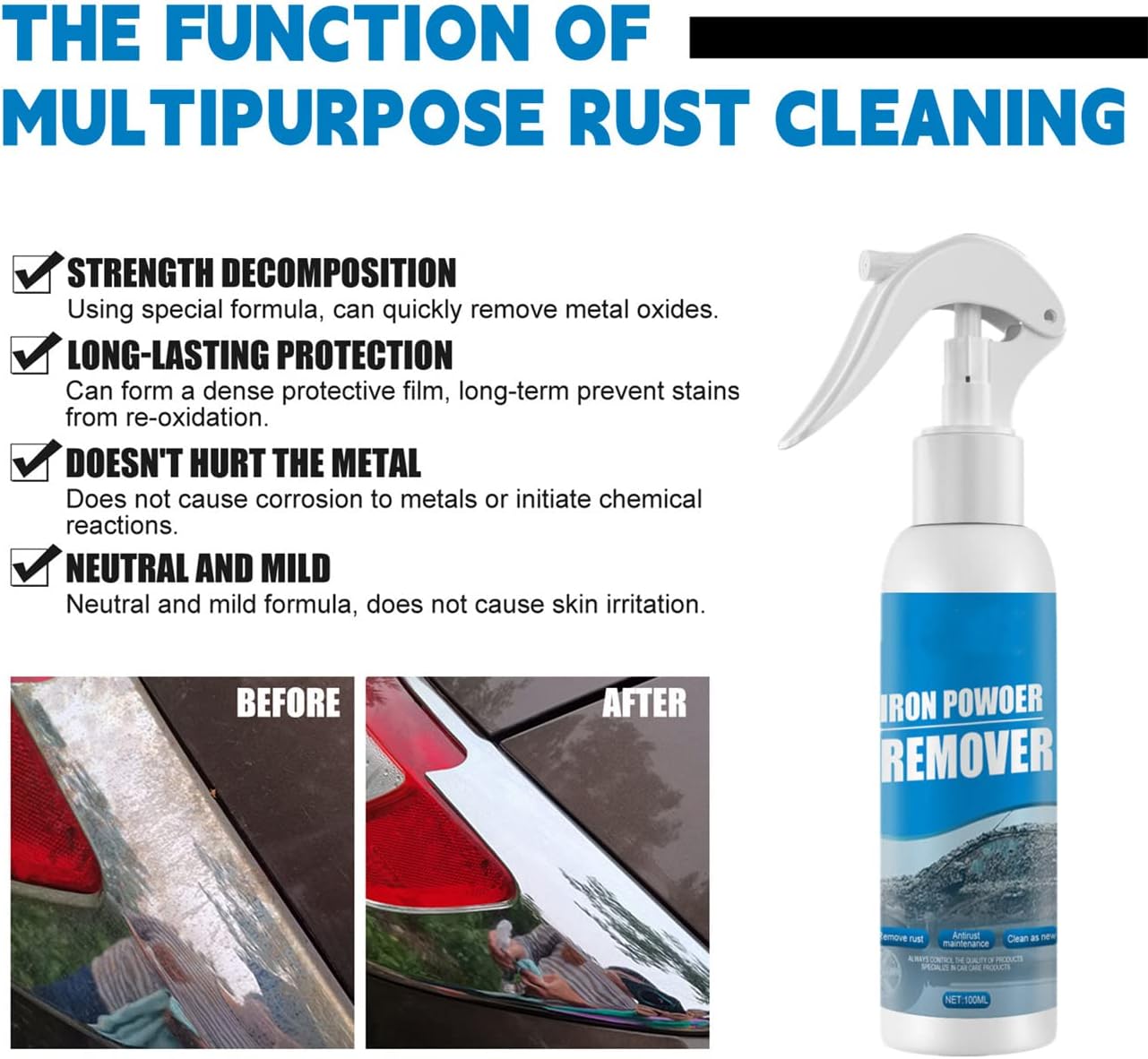2026 New Multi-Functional Quick-Acting Rust Removal Spray, Iron Powder Remover Spray for Metal Car Steel (100ml *2)