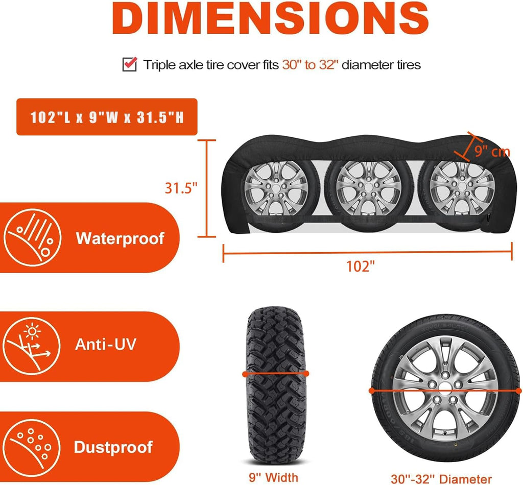 2 Pack Triple Axle Tire Cover, Fits 30" to 32" Tires, Heavy Duty Waterproof Vinyl Cover, Large Tyre Cover for RV, Trailer and Truck Wheels, Black