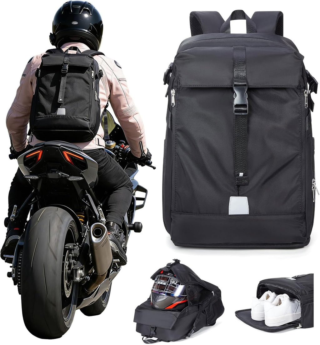 Helmet Backpack for Motorcycle Riders, Waterproof Large Capacity Backpack with Holder, Helmet Bag for Storage Hiking Cycling, Motorcycle Backpacks Motorcycle Riders Accessories for Men Women Black