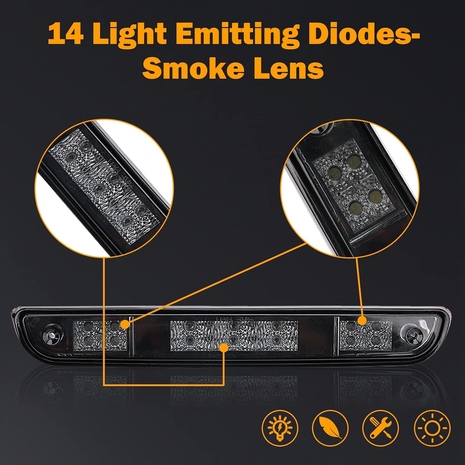 3rd Brake Light for 1992 1993 1994 1995 1996 1997 Ford F150 F250 F350 Third Brake Light LED Bronco Tail Light Cargo Light Cab Lamp Assembly-Smoke Lens