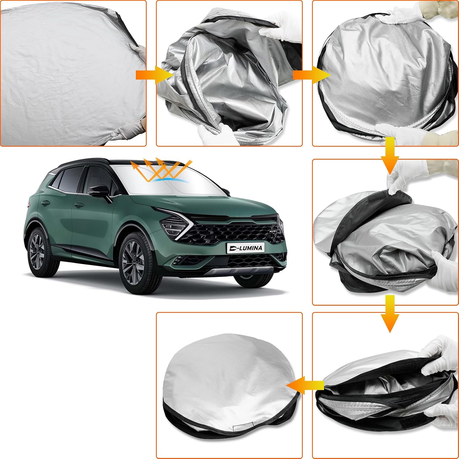 D-Lumina Windshield Sun Shade for 2017-2022 Kia Sportage, Foldable Front Sun Visor Protector Blocks UV Rays, Window Sunshade Sun Visor Interior Accessory Pack & Unpack Easily, Silver & Black