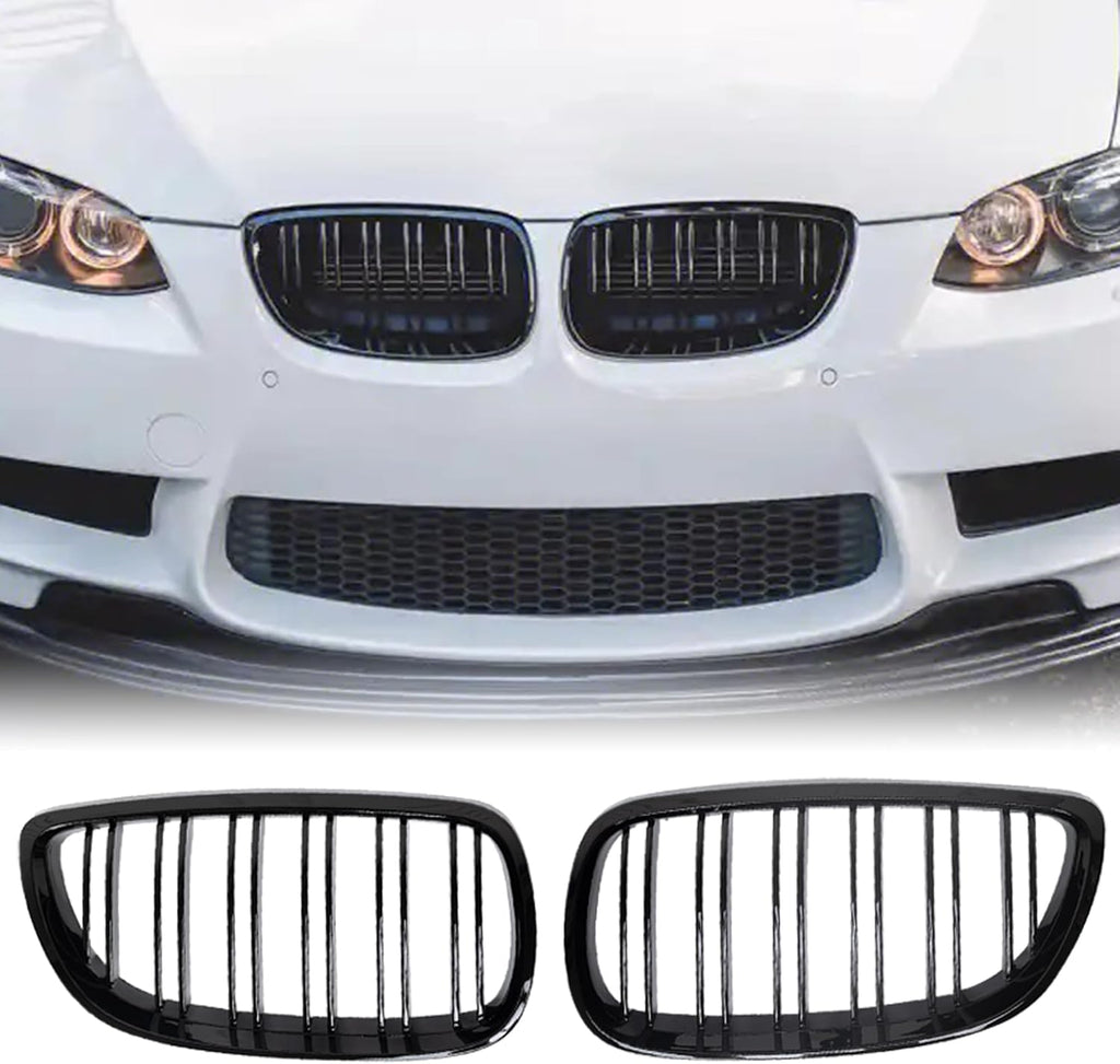 E92 E93 M3 Front Kidney Grille ABS Double Slats Gloss Black 2Pcs | Sporty Style Grille Upgrade, No-Drill Clip-On Install, Sensor & Airflow Compatible With BMW 3 Series E92 E93 M3 2006-2010
