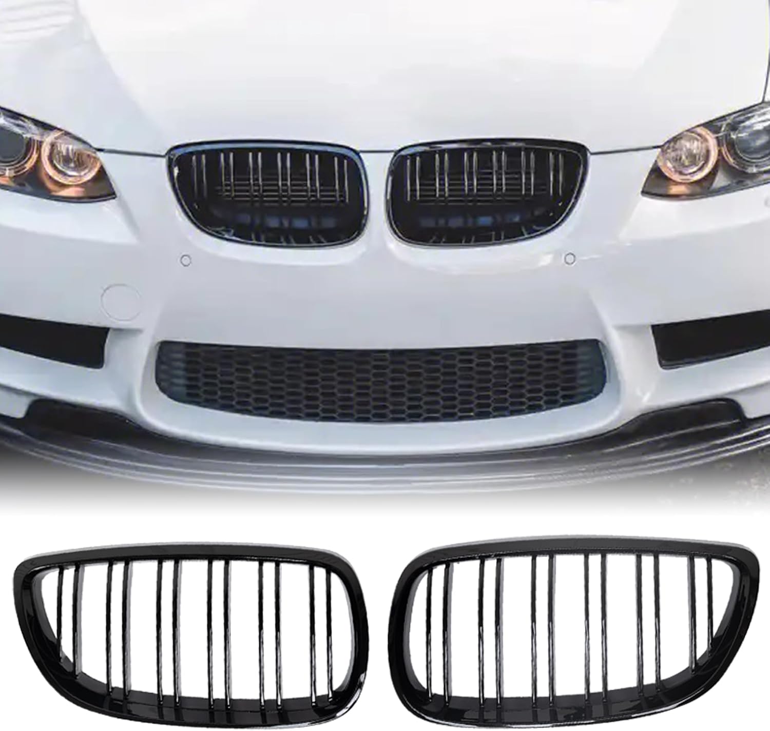 E92 E93 M3 Front Kidney Grille ABS Double Slats Gloss Black 2Pcs | Sporty Style Grille Upgrade, No-Drill Clip-On Install, Sensor & Airflow Compatible With BMW 3 Series E92 E93 M3 2006-2010