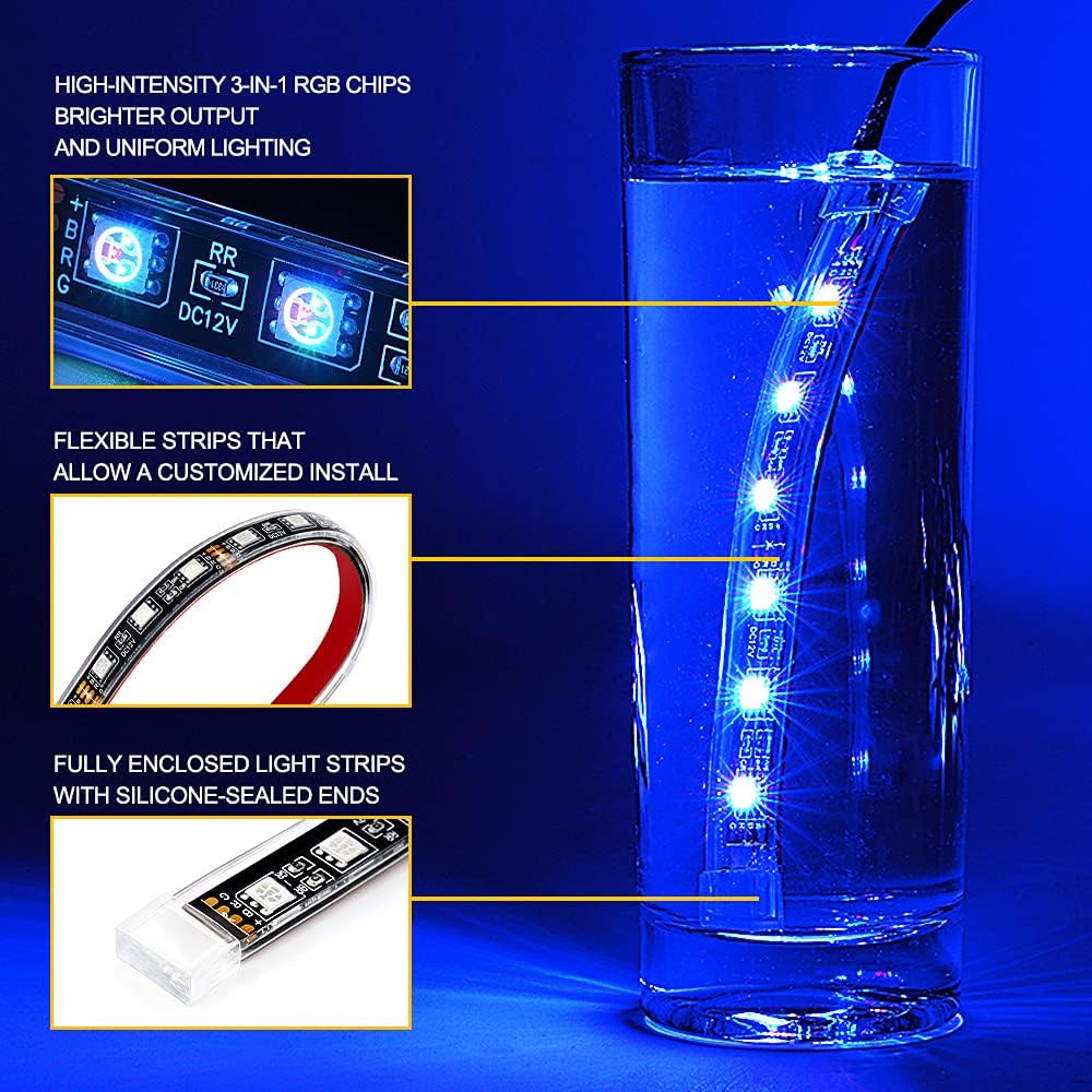 Xprite Motorcycle RGB LED Light Kit Waterproof w/Wireless Remote Control Underglow Neon Lights Strips Red Brake Lamp Function for Harley Davidson Honda Kawasaki Suzuki 8PCS