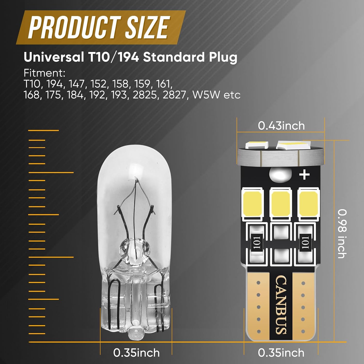 Audak 194 LED Bulb T10 W5W 2825 158 192 168 Canbus 9SMD 2835 Chipset 6000K White Non-polarity for Car Interior Dome Map Door Courtesy License Plate Trunk Lights (Pack of 10)