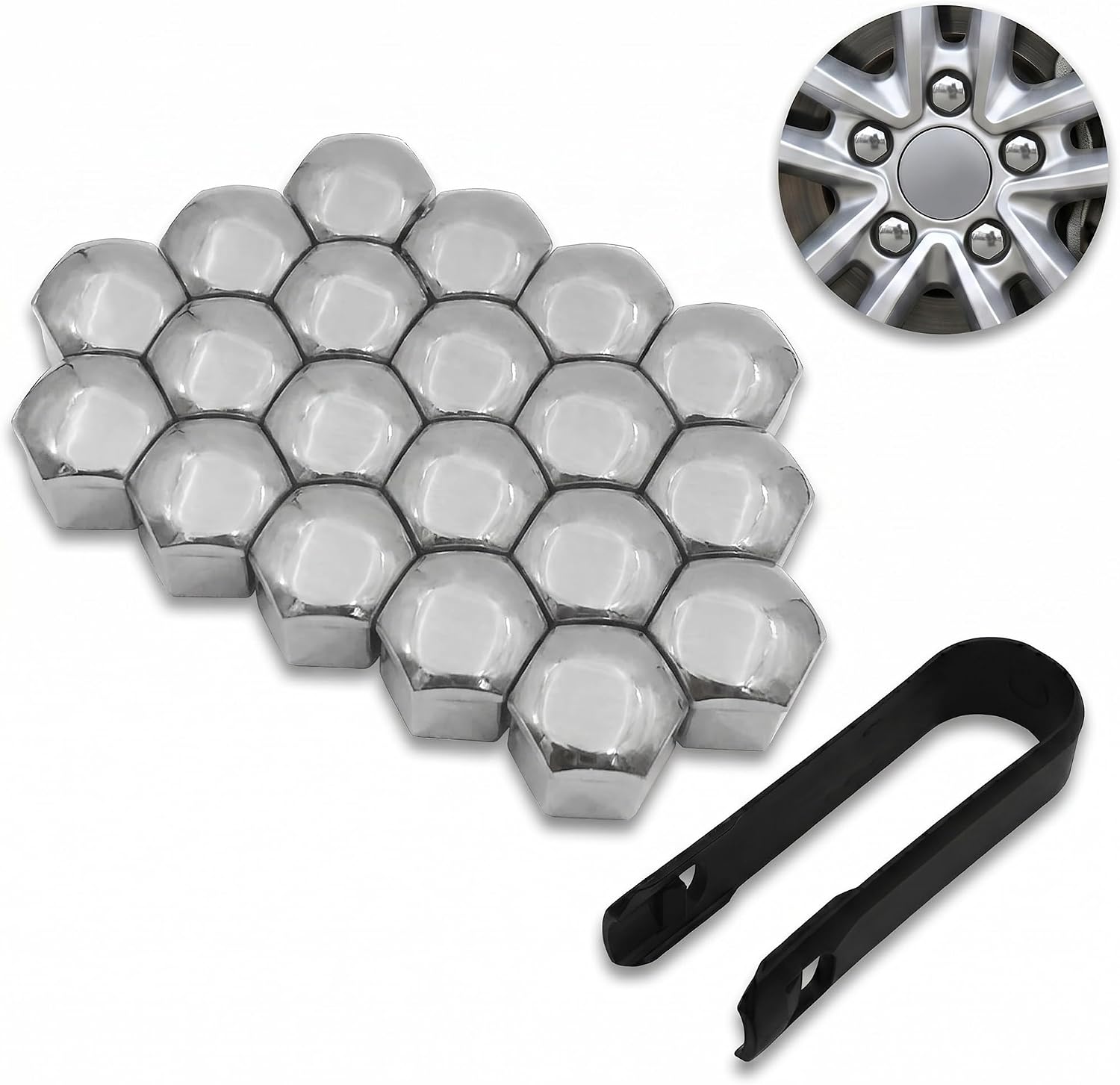 20PCS Lug Nut Covers, 21mm Car Hexagonal Wheel Bolt Covers Caps with Removal Tool, Dustproof Anti-Rust Auto Hub Screw Bolt Head Tire Protector, Universal Lug Nut Cap for Car SUV Truck (Silver)