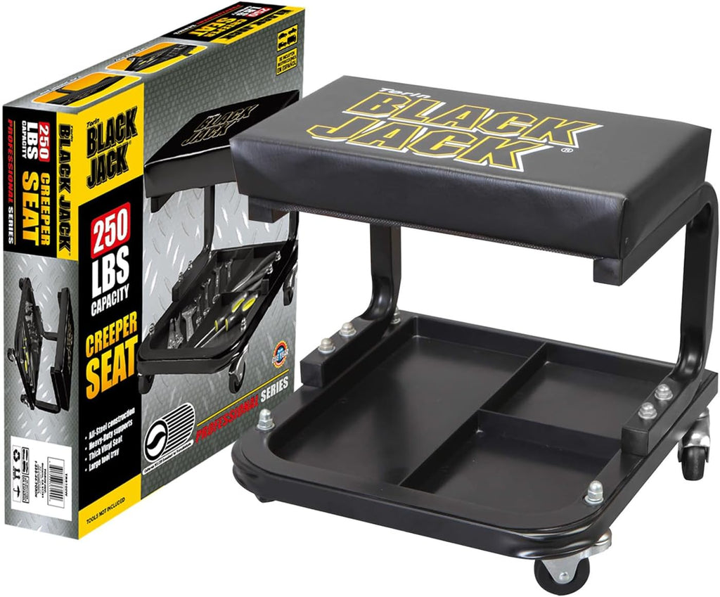 Torin ATR7211 Blackjack Rolling Creeper Garage/Shop Seat: Padded Mechanic Stool with Tool Tray Storage, Black, Large
