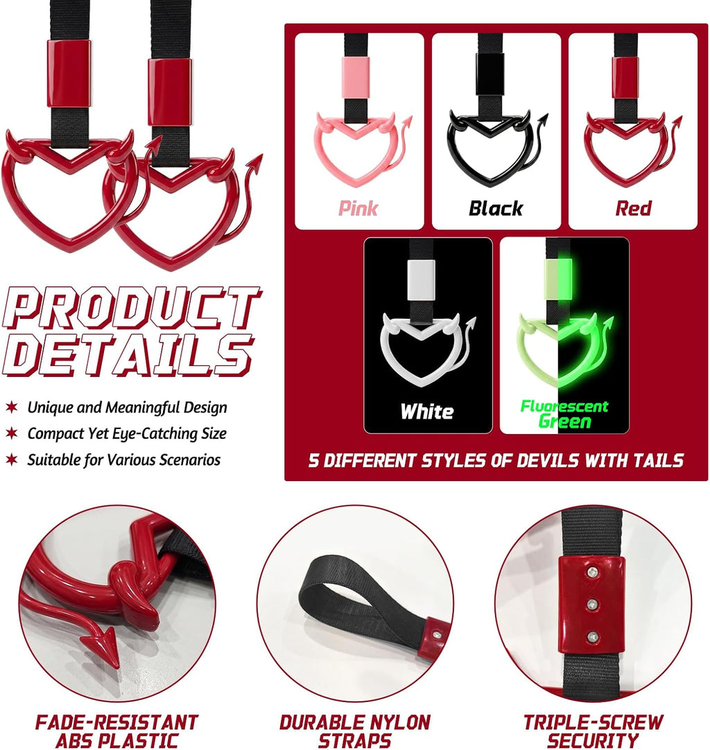 2 Pcs Devil Heart Shaped Car Handle Strap – JD M Drift Charm Rear Bumper Warning Ring Decor for Car Interior Exterior, Subway Bus Handle Accessory, Cute Heart Car Decor Gift (Red-Tail)