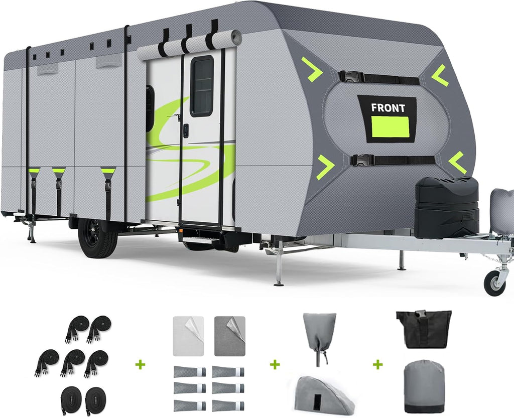 Heavy Duty 8 Layers RV Cover, Rip-Stop Camper Cover with Windproof Straps, Gutter & Tongue Jack Covers, Utility Travel Trailer Cover for All Weather Protection (27-30 FT)