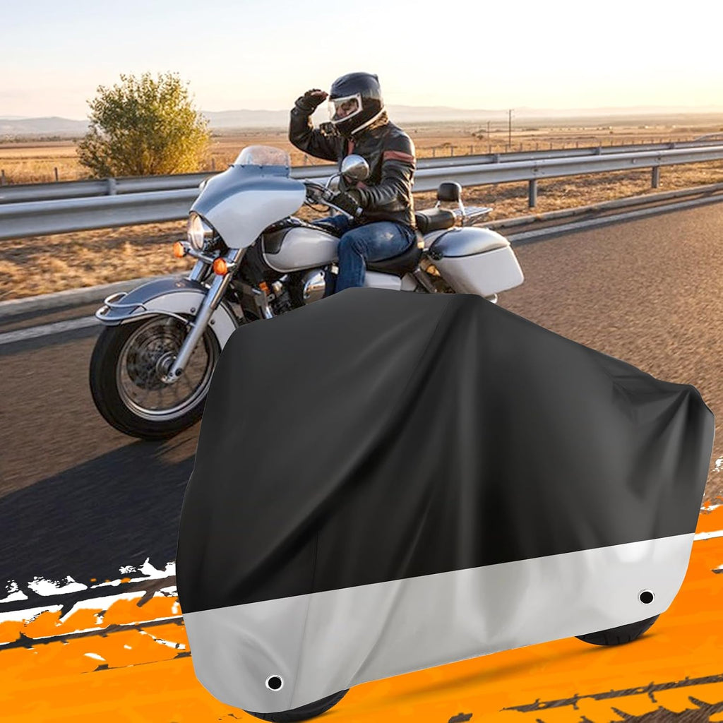 Motorcycle Cover Waterproof Outdoor Protection with Lock-Holes & Storage Bag Fits up to 96" Motorcycles Vehicle Cover for Harley Davidson Honda Suzuki Kawasaki Yamaha (XL Black&Silvery)