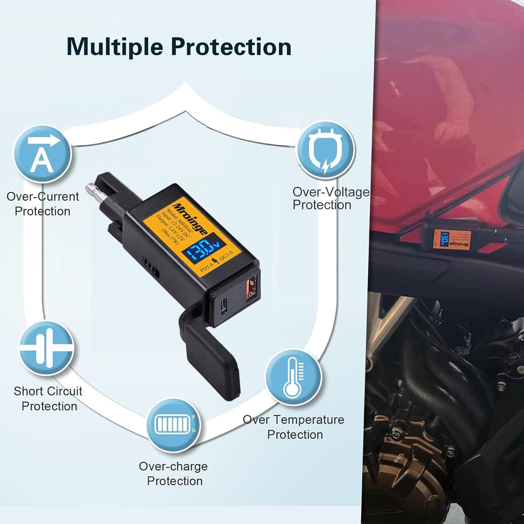 Mroinge Motorcycle USB-C Charger, SAE to USB Adapter, 27W Dual Port USB Fast Charger with Voltmeter/Ammeter and ON/Off Switch, Perfect for Phone, Tablet, GPS etc Charging