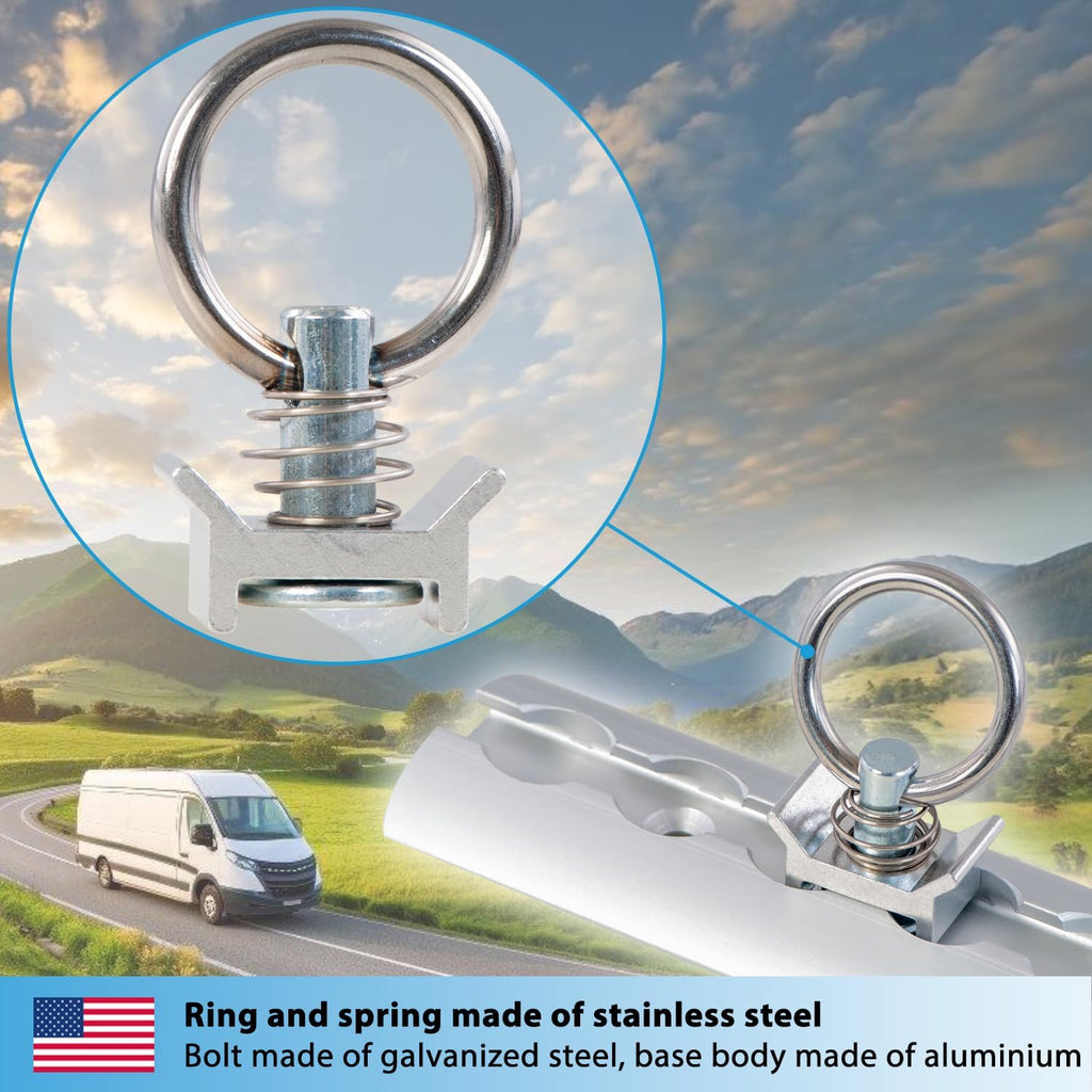 valonic Gecko - Single Stud Fitting for L Track, 8 Pieces, 1000 daN, Stainless Steel roundring, for Rail System, Lashing Accessories for tie tie Downs for Truck Bed