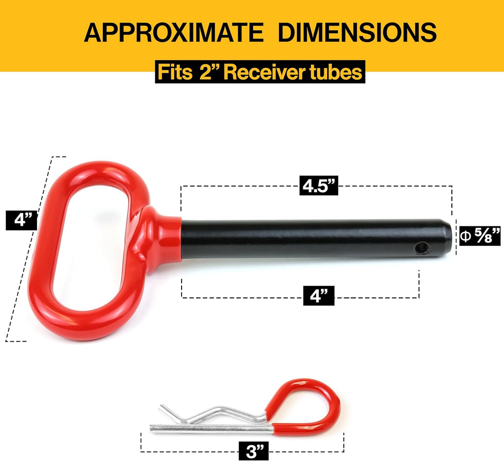 Wellmax 2-Pack 5/8" x 4-1/2" Steel Hitch Pin with 4pcs 3" R Clip, Clevis Pin Hitch with Rubber-Coated Handle, Red Color