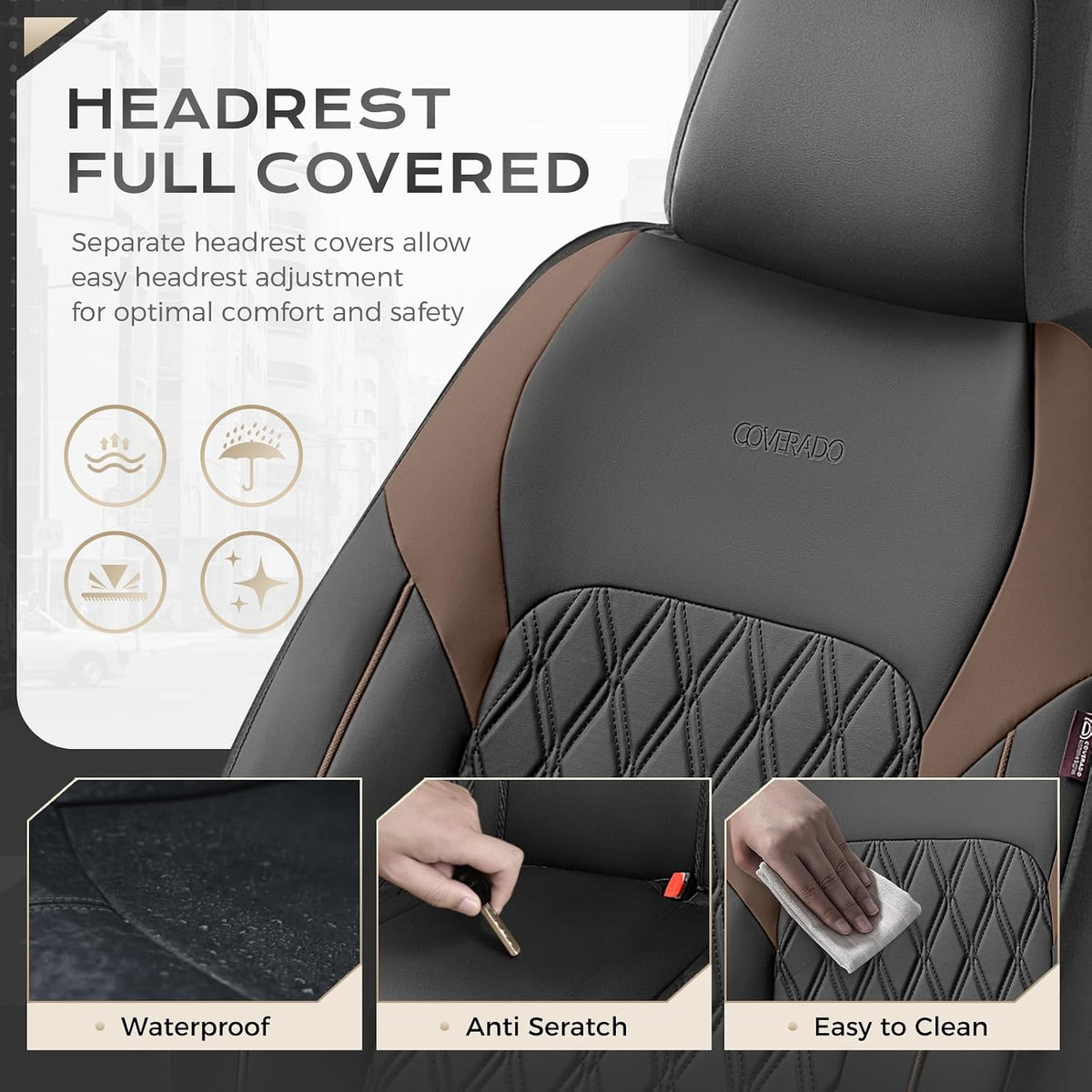 coverado leather seat covers, front and back seat on a desk or shelf