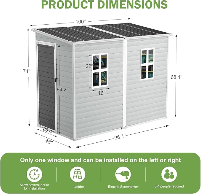 8x4x6 FT Resin Lean to Shed, Waterproof Outdoor Storage Shed - Image 6